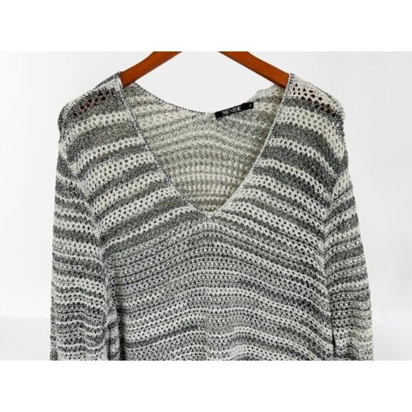 NIC + ZOE Open Knit Sweater V-Neck Tunic Gray White Oversized Sweater Size 2X - Picture 2 of 8